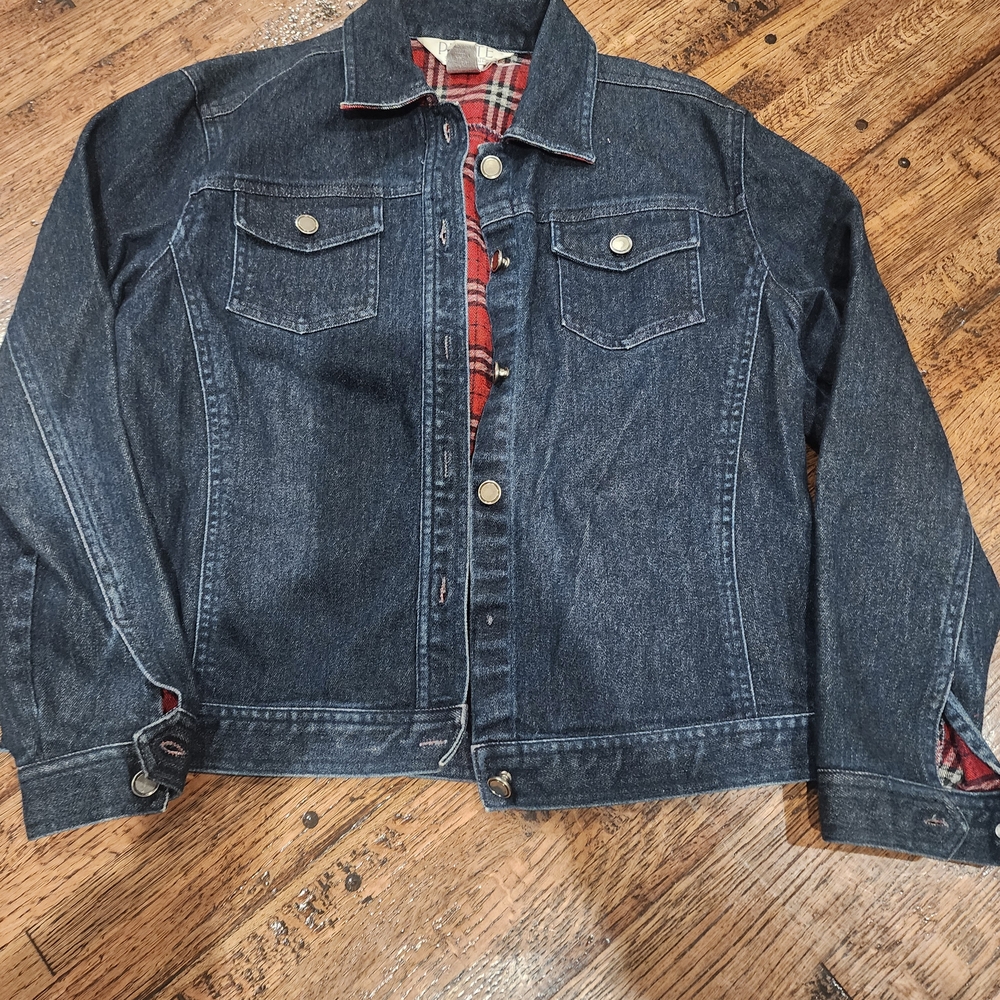 Petite Sophisticate Denim Jacket with Red Plaid Lining